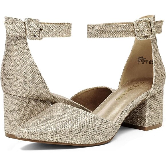 Dream Pairs Women's Gold/Glitter Pointed Closed Toe Low Block Ankle Strap Heels - Picture 5 of 9